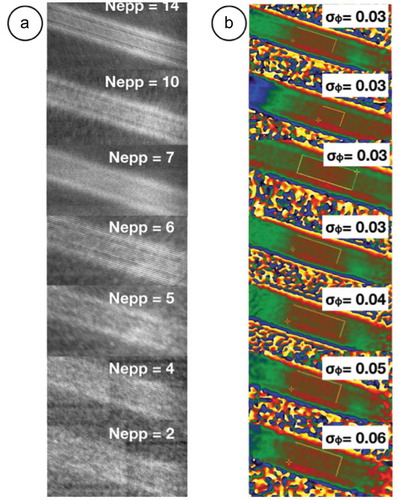Figure 8. (Color Online) (a) Electron holograms recorded in the vacuum using ultrashort electron pulses as a function of the number of electrons per pulse Nepp. (b) Extracted electrons phase and measure of the phase standard deviation. Experimental conditions: 150 keV electrons, flaser=2 MHz, binning 2, Magnification = 400 kX, Biprism voltage = 30 V, Stack of 90 holograms acquired with 20 s of individual exposure time [Citation62].