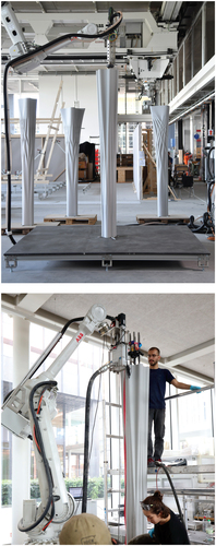 Figure 7. Fabrication process of the columns. (a) 3D printing process of one of the formworks—the other three formworks can be seen standing in the back, (b) filling the formwork using Digital Casting Systems.