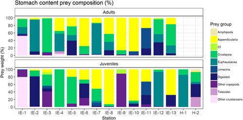 Figure 6. Diet composition in percentage at each station, separated by the cruise on which the individuals were sampled. The bottom panel is for juvenile mackerel while the top panel is for adult mackerel. Order of the stations for each survey is by increasing latitude with locations mapped in Figures 1 and 3. The two last stations, H-1-2 were sampled in June during the NSSH post-larvae survey, while all other stations IE-1-13 were sampled in July during the IESSNS.