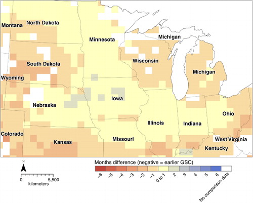 Figure 9. The earliest SOS date (2001–2010) minus a corn & soybean-only compilation of the Start of Planting period (based on maximum harvested area fraction, Monfreda, Ramankutty, and Foley (Citation2008)) for the CONUS’ Corn Belt. A negative number indicates an earlier GSC SOS date relative to the start of the planting period, while a positive number indicates a later GSC SOS date versus the start of the planting period.