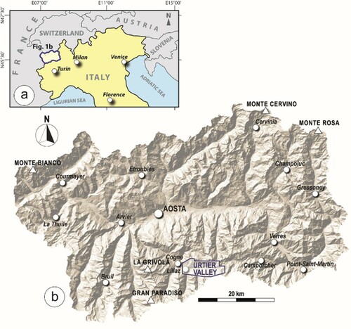 Figure 1. Geographic location of the study area. (a) Schematic representation of northern Italy and neighboring countries, with the Aosta Valley region highlighted. (b) Digital Terrain Model of the Aosta Valley region, with the mapped area of Urtier Valley highlighted.
