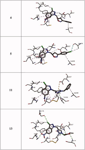 Figure 7. 3 D closest interactions between active residues of TryR and the docked synthesised derivatives 4, 5, 11, and 13.