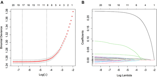 Figure 2 Demographic and clinical feature selection using the LASSO binary logistic regression model (figure was created by R software, “glmnet” package, version 2.0–18, https://CRAN.R-project.org/package=glmnet).