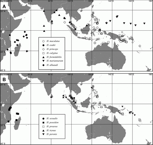 Figure 4.  Distributions of widespread species. A: Halobates alluaudi, H. calyptus, H. esakii, H. formidabilis, H. maculatus, H. mariannarum, H. princeps. B: H. peronis, H. poseidon, H. proavus, H. sexualis, H. trynae.