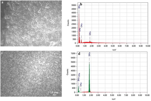 Figure 3. SEM images of worn surfaces of B4C (a) and B4C-SiC (c) ceramics at 5 N. EDS analyses of Figure 3 (a): (b) and Figure 3(c): (d).