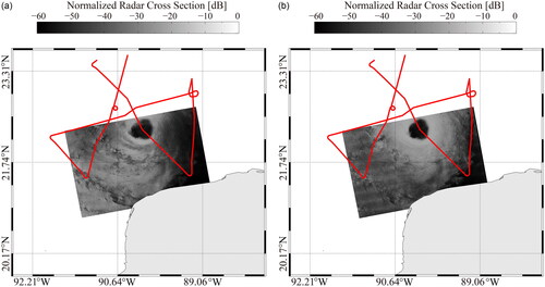 Figure 1. The quick-looks of the dual-polarized Sentinel-1 (S-1) synthetic aperture radar (SAR) images during tropical cyclone (TC) Delta at 00:07 UTC on October 8, 2020: (a) vertical–vertical (VV) and (b) vertical–horizontal (VH). The red rectangle represents the track of the Stepped-Frequency Microwave Radiometer (SFMR) onboard on the aircraft of the National Oceanic and Atmospheric Administration (NOAA).
