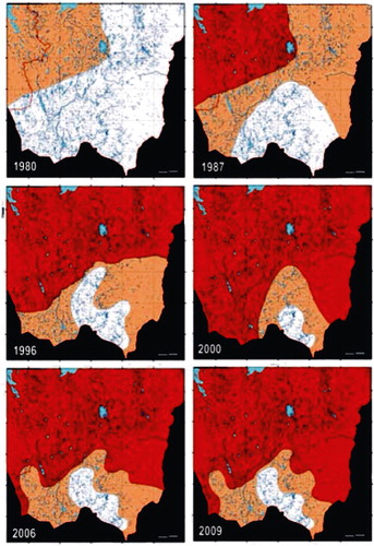 Fig. 3. Overgrazing on the winter pastures in Finnmark (modified from Riksrevisjonen 2012, 51, and reproducing Johansen & Karlsen’s time series (Johansen & Karlsen Citation2005)); red = overgrazed, orange = moderately grazed; white = intact