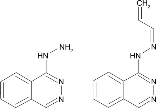 Figure 6 Hydralazine (left) and the imine product of acrolein and hydralazine (right). After the reaction with acrolein, the Schiff base on the right is the product of hydralazine scavenging acrolein. If acrolein has already reacted with proteins, hydralazine can still react with acrolein for removal.