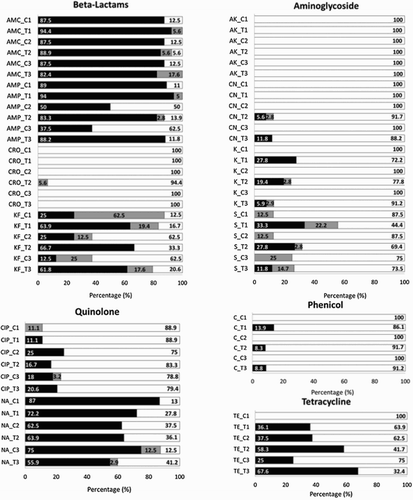 Figure 3. Percentage of E. coli resistant (▪), intermediate (Display full size) and sensitive (□) strains for the group of control (C1, C2 and C3) and after the three treatments (T1, T2 and T3). Where AK = amikacin; AMC = amoxicillin/clavulanic acid; AMP = ampicillin; C = chloramphenicol; CIP = ciprofloxacin; CN = gentamicin; CRO = ceftriaxone; K = kanamycin; KF = cephalothin; NA = nalidixic acid; TE = tetracycline; S = streptomycin.