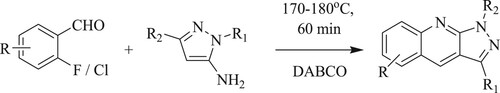 Scheme 81. Synthesis of quinolines through regioselective condensation under DABCO.