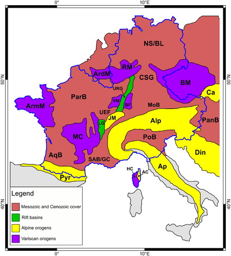 Figure 1. Tectonic scheme of Central Europe. Mesozoic and Cenozoic cover: AqB = Aquitanian Basin, ParB = Paris Basin, UEF = Uplands of Eastern France, NS/BL = North Sea and Baltic Lowlands, CSG = Central and Southern Germany, MoB = Molasse Basin, PanB = Pannonian Basin, PoB = Po Basin, SAB/GC = Sub Alpine Basin and Grands Causses; Rift basins: LG = Limagne Graben, URG = Upper Rhine Graben; Alpine orogens: AC = Alpine Corsica, Pyr = Pyrenees, JM = Jura Mountains, Alp = Alps, Ap = Apennines, Din = Dinarides, Ca = Carpathians; Variscan orogens: HC: Hercynian Corsica, MC = Massif Central, ArmM = Armorican Massif, VM = Vosges Mountains, BF = Black Forest, ArdM = Ardenne Mountains, RM = Resnish Massif, BM = Bohemian Massif. (Modified from CitationCrampon et al., 1996; CitationMarroni & Pandolfi, 2003; CitationMüller et al., 1992; CitationNeubauer, 2009; CitationPfiffner, 2014). In blue the Geo-LiM study area is shown. In grey are shown the regions outside from our study area.