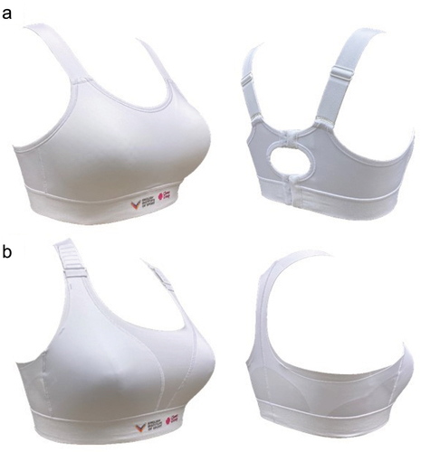 Figure 1 a. Medium support compression style; lightweight, non-padded crop top, with adjustable straps, 50 g fabric with xtra-dry nylon yarn, zoned wing, clean cut edges, wide comfortable underband, rigid adjustable front strap, racer back, optional removable cookie. b. High support encapsulation style; padded cups, adjustable straps and two adjustable back closures, 50 g fabric with xtra-dry nylon yarn, rigid front strap and top cup, perforated foam cup with birdseye lining, wing design has a continuous strap pull, back wing double hook and eye adjustment, specially developed curved hardware, wide comfortable underband.