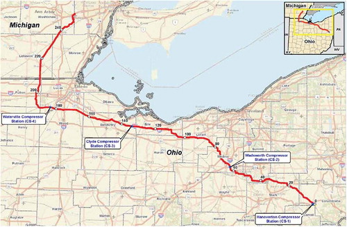 Figure 1. NEXUS route through Ohio and Michigan (Federal Energy Regulatory Commission (FERC), Citation2016, p. 2–2)