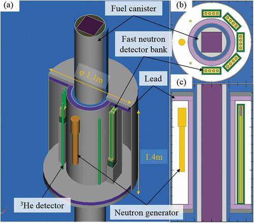 Figure 2. (a) Cutaway drawing of measurement system. (b) Horizontal and (c) vertical cross-sectional view of the system.