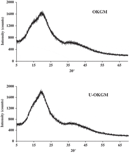 Figure 4. X-ray analysis of OKGM and U-OKGM.Figura 4. Análisis por rayos X de OKGM y U-OKGM.