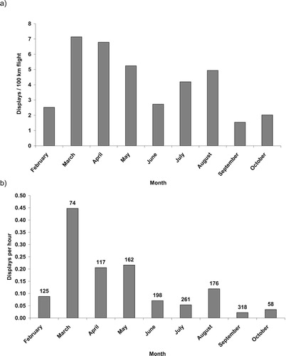 Figure 1. Frequency of Golden Eagle undulating display flights observed by month on Isle of Lewis, Scotland: (a) number of displays per 100 km of flight path, 2004 only; and (b) number of displays per hour of observation, 2003 and 2004 (number of hours observation above columns).