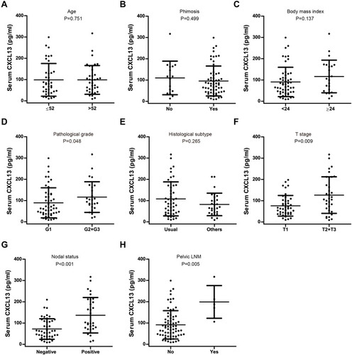 Figure 3 Association between preoperative serum CXCL13 level and clinical parameters in the PC cohort. (A) Age, (B) Phimosis, (C) BMI index, (D) Pathological grade, (E) Histological subtype, (F) T stage, (G) nodal status, (H) pelvic LNM.