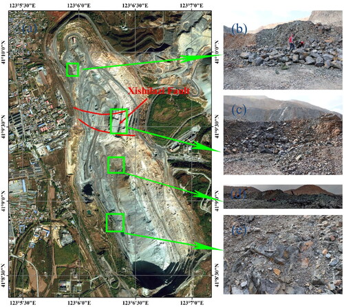 Figure 13. Field Photographs of Qidashan Iron Mine. (a) High resolution Google image of Qidashan Iron Mine; (b) Field photograph of Beiershan high grade magnetite ore body; (c) Field photograph of high grade magnetite ore body along Xishilazi transverse fault; (d) Field photograph of high grade magnetite ore body in No.3 mining sub-district, where the high magnetic anomaly exists (Figure 14); (e) The relatively high grade iron ore body in lower left corner of the Qidashan open pit.