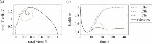 Figure 12. Comparison of different treatments 3. (a) Phase plot of summed virus U and summed T cells V and (b) health during three treatments 3 and a reference infection course (solid). The treatment T3a uses ϑ=0.2 and tmed=9. For T3b, the parameter is reduced to a third of the effectiveness, ϑ=11/15, and tmed∈{6,9,12}. Treatment T3c with ϑ=0.5 and tmed∈{6,9,12} leads to a healing infection course.