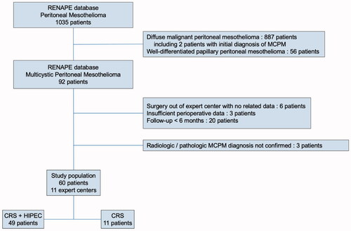 Figure 1. Flowchart of the multicystic peritoneal mesothelioma population. MCPM: multicystic peritoneal mesothelioma; CRS: cytoreductive surgery; HIPEC: hyperthermic intraperitoneal chemotherapy.
