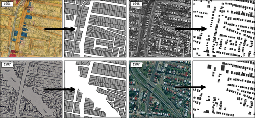 Figure 3. Creation of parcel and building footprint datasets, using Brisbane City Council’s 1951 civic survey and 1946 aerial image, and Brisbane City Council’s 1987 planning scheme and the Queensland Government’s 1987 aerial images.