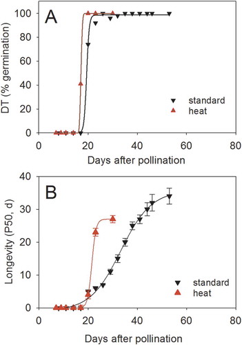Figure 1. Acquisition of desiccation tolerance (A) and longevity (B) in developing seeds of Medicago truncatula under two different growth conditions from flowering onwards: high temperature (26/24°C) (red triangles) and standard (20/18°C, black triangles). Longevity is expressed as P50, the time for 50% of the seed lot to loose viability during storage at 35°C and 75% relative humidity. Data are taken from Righetti et al. (Citation2015).