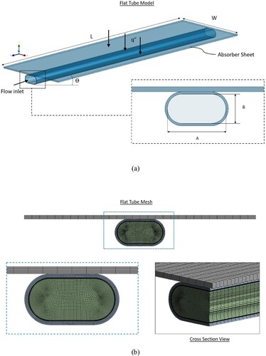 Figure 1. (a) A drawing illustration of flat plate-flat tube numerical model, (b) the computational domain and mesh topology.