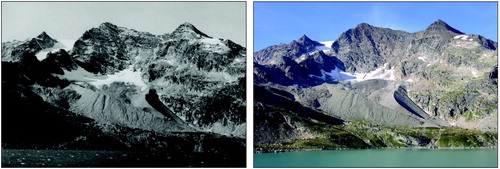 Figure 3. The Capra Glacier viewed looking South-West from the Lago Serrù dam (2283 m). Left in a 1957 photo from CGI archives, right in a 2010 photo by G. Fioraso.