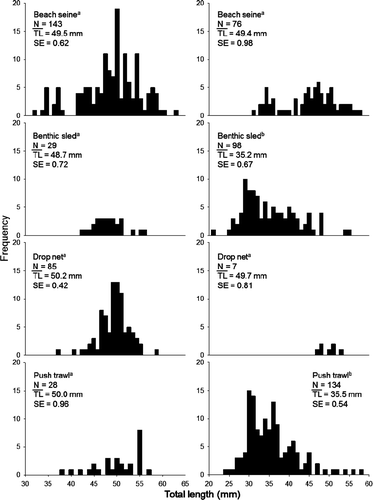 Figure 1. Length-frequency histograms and mean total lengths for age-0 yellow perch collected during August 2011 in Pickerel Lake (left panel) and Clear Lake (right panel) with a beach seine, benthic sled, drop net, and push trawl. N = number of individuals; TL = total length (mm); SE = 1 standard error of the mean total length. For each lake, length frequencies of gears with the same letter did not differ significantly (Kolmogorov-Smirnov tests; p > 0.03).