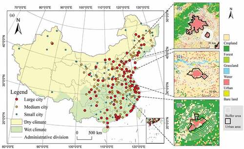 Figure 1. Overview of the study area: (a) the selected cities, (b) Beijing (large city), (c) Kaifeng (medium city), and (d) Jingdezhen (small city).