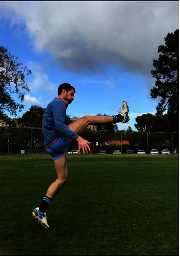 Figure 3 Example of typical degree of hip flexion and knee extension during an ARF kick. The ARF kick typically ends with much higher level of hip flexion, requiring a much greater level of hamstring extension compared to soccer.