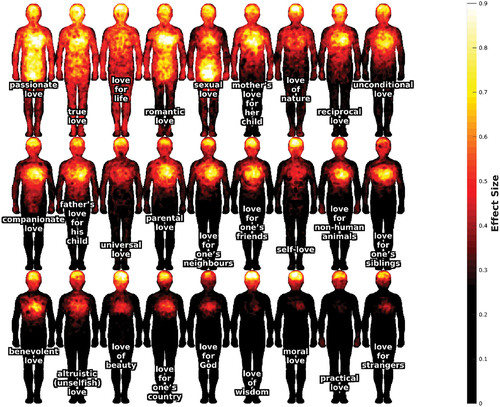 Figure 1. Across-subjects bodily sensations maps from experiment 1 (n = 128). Colors represent statistically significant pixelwise t-values as effect sizes. Maps are ordered according to the sum of the statistically significant t-values in each map.