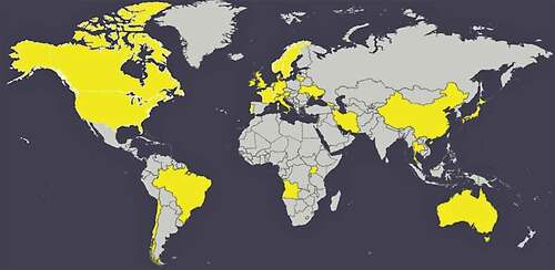 Figure 1. Countries in which the ITQ has been used: Angola, Australia, Austria, Brazil, Canada, Chile, China, Denmark, France, Georgia, Germany, Hong Kong, Iran, Ireland, Israel, Italy, Japan, Lebanon, Lithuania, Netherlands, Norway, Portugal, Sweden, Switzerland, Thailand, Uganda, UK, Ukraine, USA.