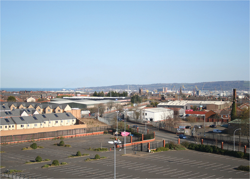 Figure 2. The industrial estate put in place at Lower Oldpark/Cliftonville to separate Catholic housing (far left) from Protestant housing (far right).