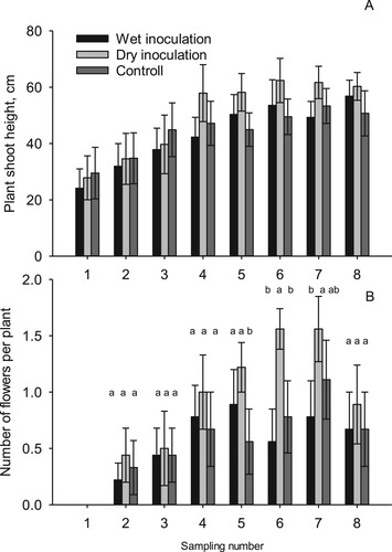 Figure 2. Plant shoot height (cm; A) and number of flowers per plant (B) on eight destructive sampling occasions in the pot experiment at Fureneset showing the effect of ISs (wet, dry inoculation and control). Vertical bars represent the standard error of the means. Different letters indicate the significances between wet and dry inoculation and the control.