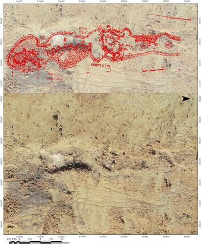Figure 5 Orthophoto of Site B. The upper image is a superimposition of Bar-Adon’s site plan (Citation1989: fig. 2).