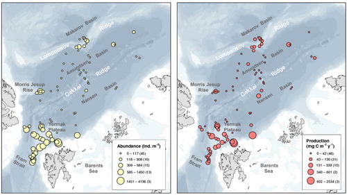 Fig. 2  Macrobenthic abundance (ind. m−2) and estimated production (mg C m−2 y−1). For bathymetry, see Fig. 1.