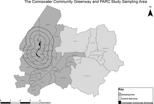 Figure 1. The Connswater Community Greenway and PARC study sampling area. Legend: Buffers indicate a 5, 10 and 15 minute walk from the Connswater Community Greenway. Reproduced from Tully et al. (Citation2013). Physical activity and the rejuvenation of Connswater (PARC study). Protocol for a natural experiment investigating the impact of urban regeneration on public health. BMC Public Health 13; 774.