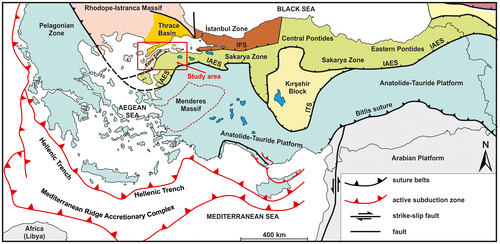 Figure 1. Tectonic map of Turkey and surrounding area with major suture zones (Okay & Tüysüz, Citation1999; http://giseurope.brgm.fr/Tethyan/WTethysideMed2.gif). IPS: Intra Pontide suture, IAES: Izmir-Ankara-Erzincan suture, ITS: Inner Tauride suture.