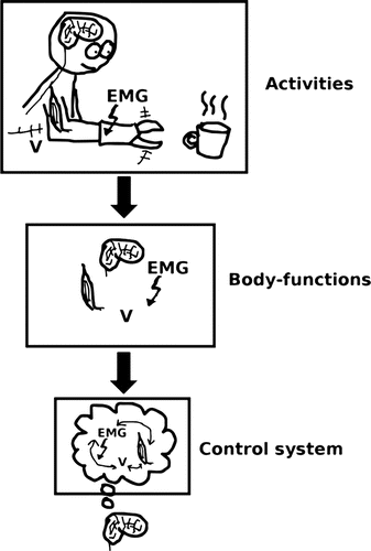 FIGURE 1. The reductive perspective. The activity of picking up a cup using a prosthesis is considered to reduce to a set of body functions. For example, a collection of muscles, tendons, joints, and a certain EMG signal with properties such as speed (v), force, and direction. Learning to coordinate all these body functions is subsequently considered to be reducible to acquiring a control system that coordinates the body functions.