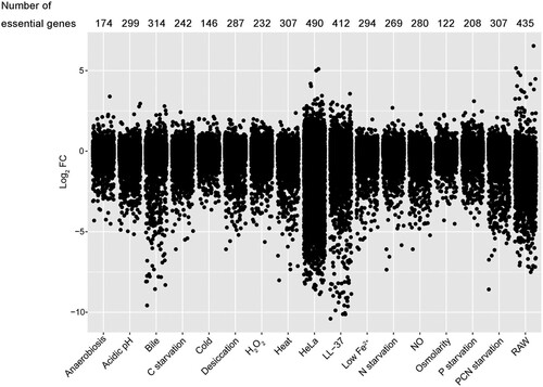 Figure 2. Visualization and comparison of gene essentiality under 17 stress conditions. Jitter plot showing the extent of mutant fitness costs calculated using the mean log2 FC across three replicates for each condition. The number of fitness determinants under each condition was labelled above the plot.