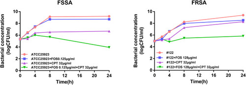 Figure 1 Early addition of cryptotanshinone potentiates the fosfomycin activity against FSSA and FRSA strains. Time-kill curves of S. aureus ATCC 25,923 and #122 strains in presence of cryptotanshinone, and fosfomycin alone or in combination with cryptotanshinone for 24 h. FOS, fosfomycin, CPT, cryptotanshinone.