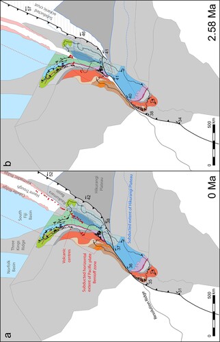 Figure 8. Retro-deformation of the Aotearoa-New Zealand plate boundary zone. Crustal block reconstruction presented for the A, Holocene and B, Pleistocene. See Figure 7 for the crustal block configuration and Tables S1–S3 for the far-field plate motions constraining the model. The present distribution of basement terranes (Figure 2) allows the tracking of strain markers back through time. The trends of the rigid crustal blocks within the plate boundary zone are consistent with the Miocene fault-propagation fold model (Figure 5). Subducted horizontal extent of Pacific plate Benioff zone (red dashed lines) derived from Reyners et al. (Citation2011) and Syracuse and Abers (Citation2006). Subducted extent of the Hikurangi Plateau (blue dashed lines) from Reyners et al. (Citation2011) and Riefstahl et al. (Citation2020). Volcanic centres from Seebeck et al. (Citation2014) and references therein.