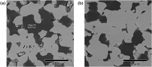 Figure 1. FE-SEM micrographs of the polished area of (a) ZS and (b) ZSC ceramics by backscattered electrons