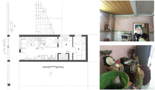 Figure 11. (Left) floor plan of Mr. Bao’s flat after the changes: 1. Living room 2. Mr. Bao’s private quarter 3. Coffee workshop 4. The void area is used as kitchen space 5. Parent’s room 6. Laundry space 7. Private parking; (Top right) Flat’s owner above filled the void with laminated flooring; (Bottom right) Tools for the coffee workshop (Produced by the authors, 2018).