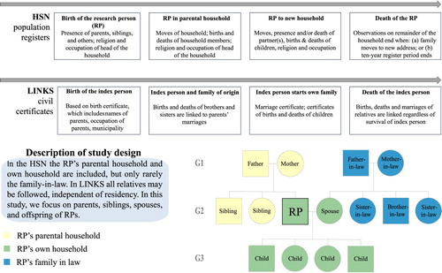 Figure 1 Data structure of the HSN and LINKSNotes: Both LINKS and the HSN can be used for life-course and family reconstruction. The top row shows the information used for life-course reconstruction in the HSN in chronological order, while the second row shows the information used for family reconstruction in LINKS, also in chronological order. The family reconstruction shows an example of the available family members in LINKS and the HSN. The boxes showing ‘RP’s own household’ represent the selection for the paper, which resembles the family structure that can be derived from the HSN.