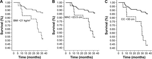 Figure 1 Three-year follow-up survival curves stratified by BMI, MAC, and CC.