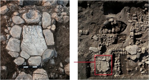 Figure 12 Photo of Area F, looking west: to the left at least three stone installations for extraction of fluids are seen, to the right a close up of one of them (courtesy of the Israel Antiquities Authority, photos by Assaf Peretz).