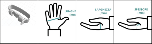 Figure 2. The 3D model of the configurable AD (ConfAD) and the measurement instructions. The cuff can be opened and closed to fix the handle to the hand using a hook located on the ulnar side.