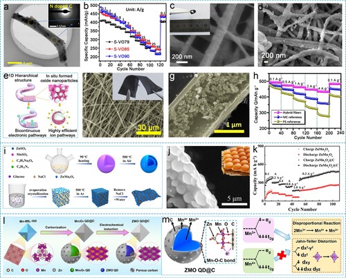 Figure 5. (a) TEM image of V2O3/N-doped carbon. (b) Rate capability of V2O3/N-doped carbon electrodes at various current densities. Reproduced with permission. Copyright 2021, Elsevier [Citation142]. (c) SEM image of V2O5/CFC and digital photograph of free-standing electrode during the flexibility test (inserted). (d) SEM image of V2O5/CFC after the 100th cycle. Reproduced with permission. Copyright 2022, Elsevier [Citation72]. (e) Scheme of the hierarchical structure of the hybrid fibers. (f) SEM and (g) TEM images of the 1D hierarchical hybrid fibers with embedded Zn2V2O7 nanoparticles. (h) Comparisons of the discharge capacities between hybrid fibers and reference samples with naked metals oxides (MC) or replaced by activated carbon (PS) at different current densities. Reproduced with permission. Copyright 2019, American Chemical Society [Citation39]. (i) Schematic diagram of the synthesis steps of ZnMn2O4 and ZnMn2O4@C composites. (j) SEM image of ZnMn2O4@C and photographs of egg-waffle-like architecture (inserted). (k) Rate performance at different current densities and cycling performance of ZnMn2O4 and ZnMn2O4@C. Reproduced with permission. Copyright 2020, Elsevier [Citation143]. (l) Schematic illustration of fabrication process of ZMO QD@C. (m) Illustration of the Mn valence state distribution in ZMO QD@C and the mechanism of the structural stability of ZMO QD@C. Reproduced with permission. Copyright 2022, WILEY-VCH [Citation21].